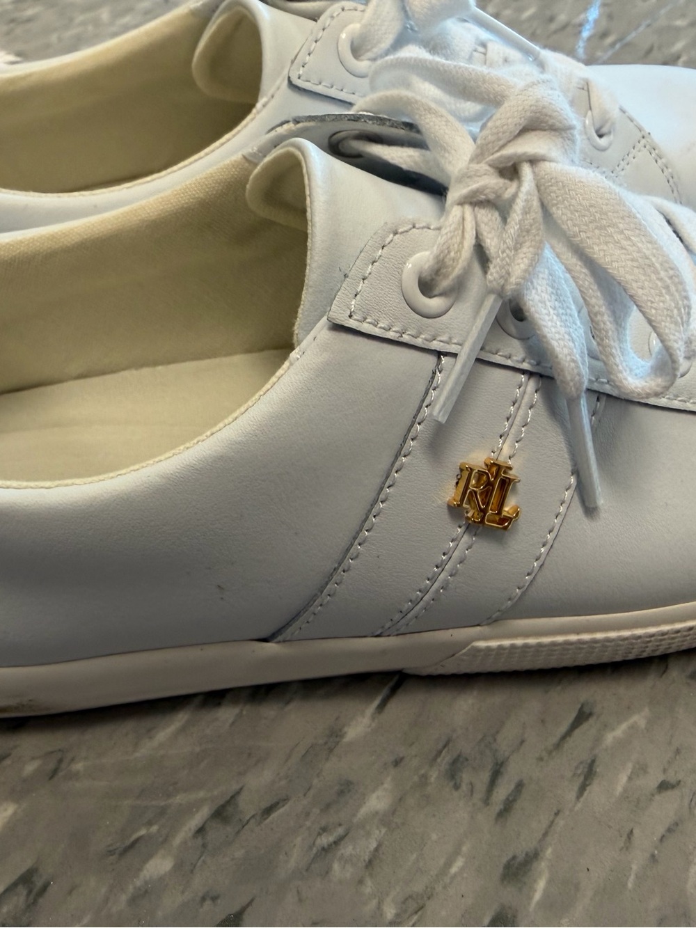 Ralph Lauren White Leather Sneakers with Gold RL Accent